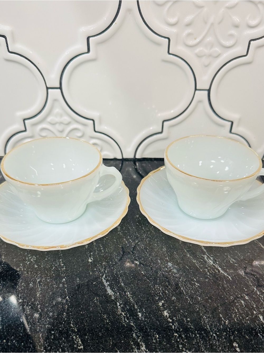 Anchor Hocking Fire King Cup & Saucer Set with Gold Trim (Pair)
